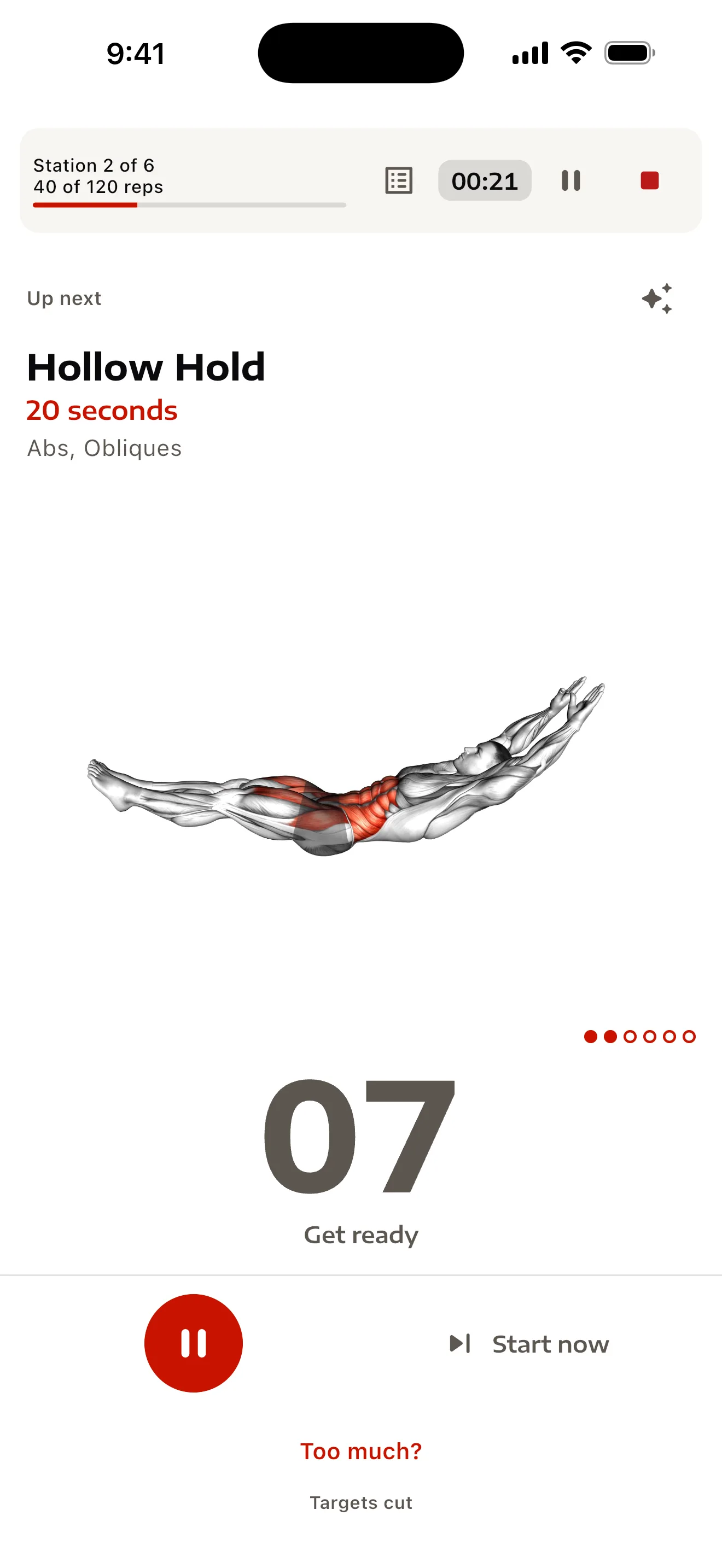 The Crux between stations: a 20-second hold with a countdown of 7 before it starts.