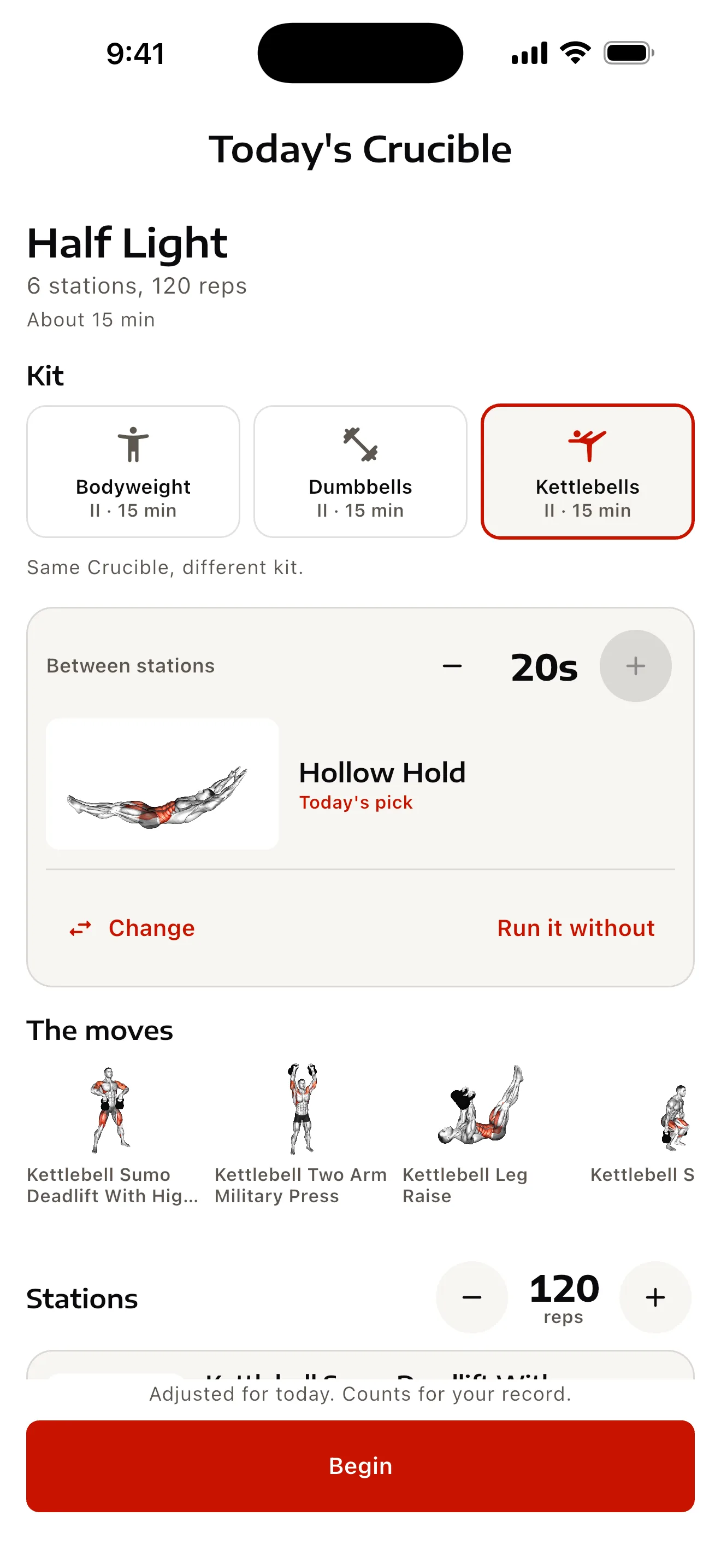 Today's Crucible, Half Light: 6 stations and 120 reps in about 15 minutes, with bodyweight, dumbbell and kettlebell versions to choose from and a Begin button.