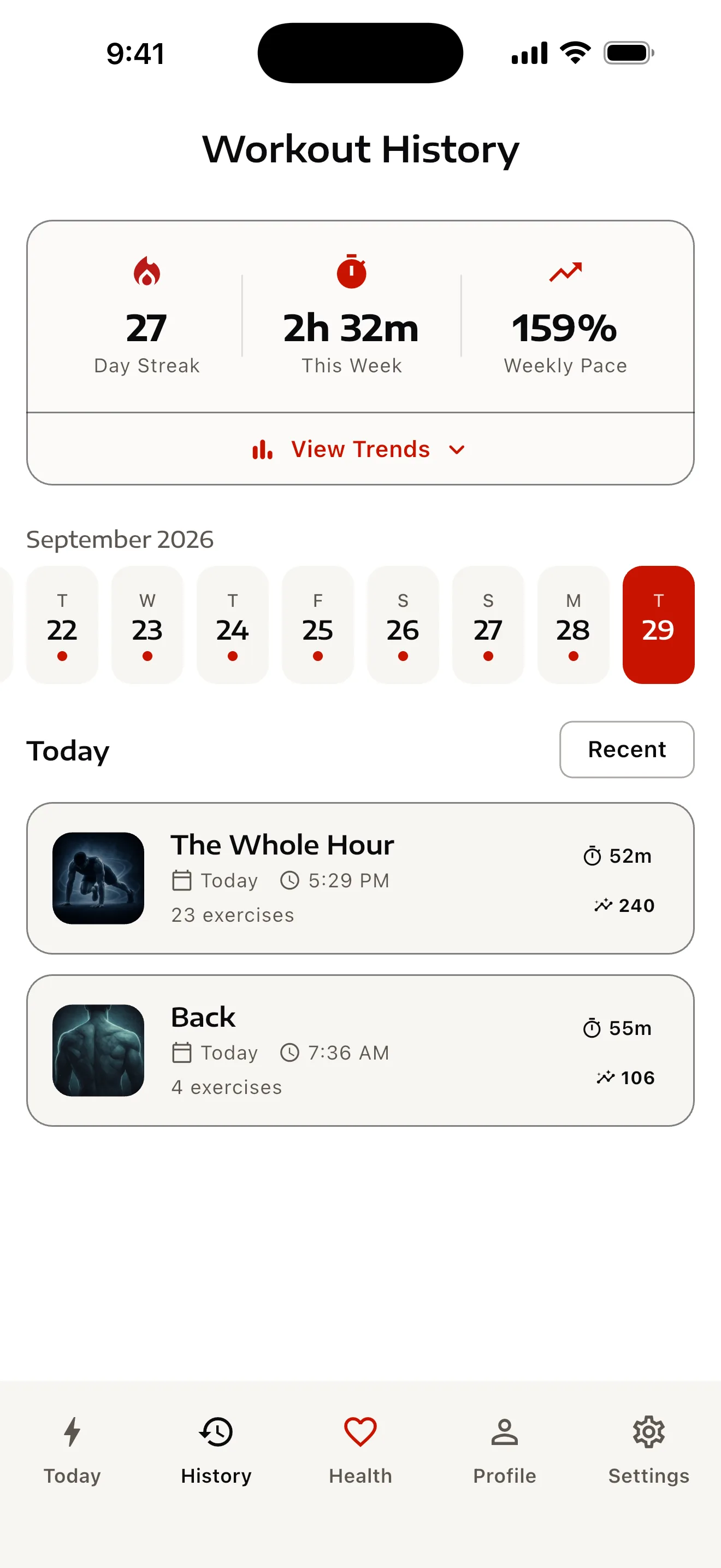Workout history: a 27-day streak, 2 hours 32 minutes this week, and The Whole Hour logged today.