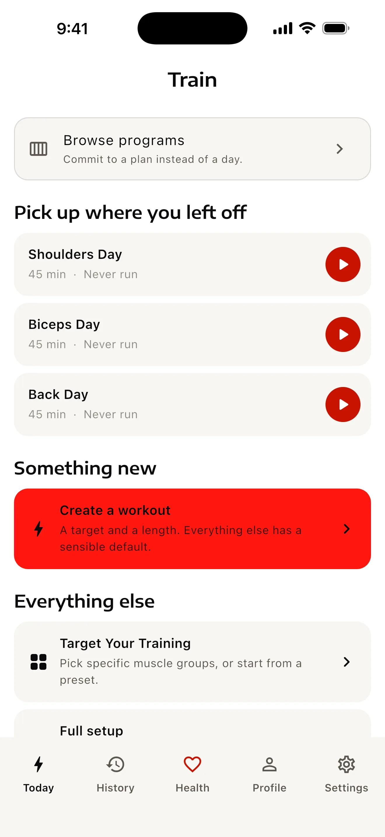The Train tab: saved workouts that start with one tap, with Programs and the planner below.