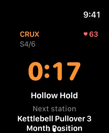 Apple Watch during the Crux: the CRUX badge, 17 seconds left, and heart rate 63.