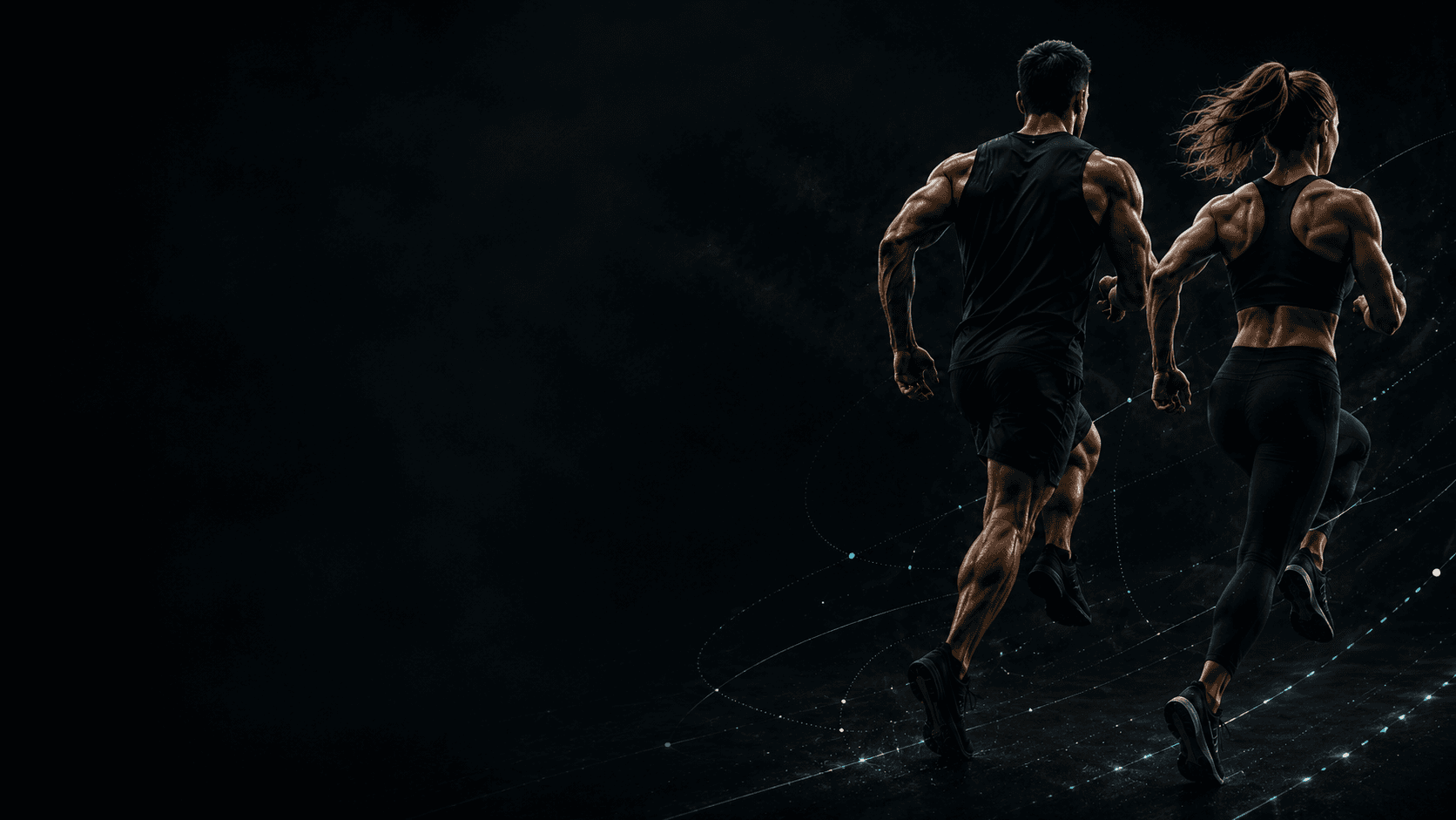 Two athletes sprinting forward together in a dark gym